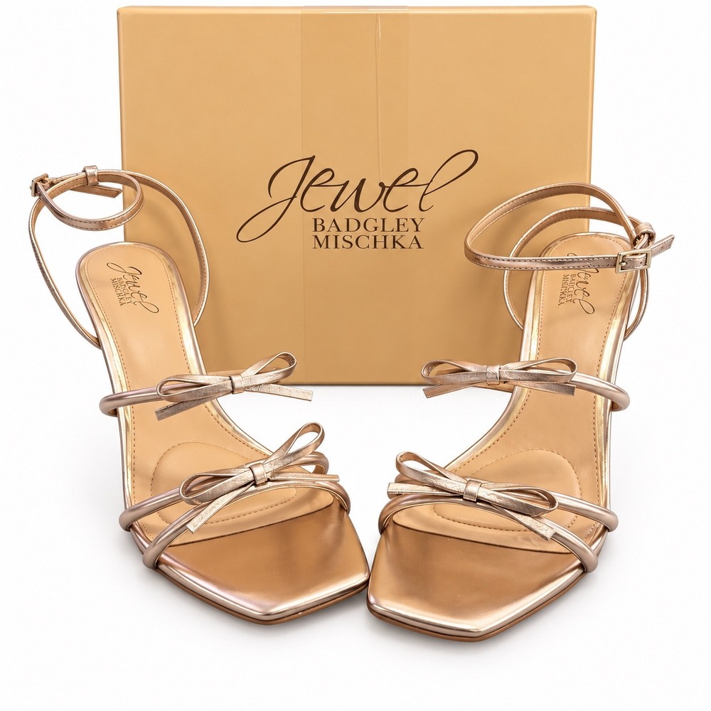 Jewel Badgley Mischka Kiyomi II Rose Gold Bow Block Heel Sandals 10 NIB